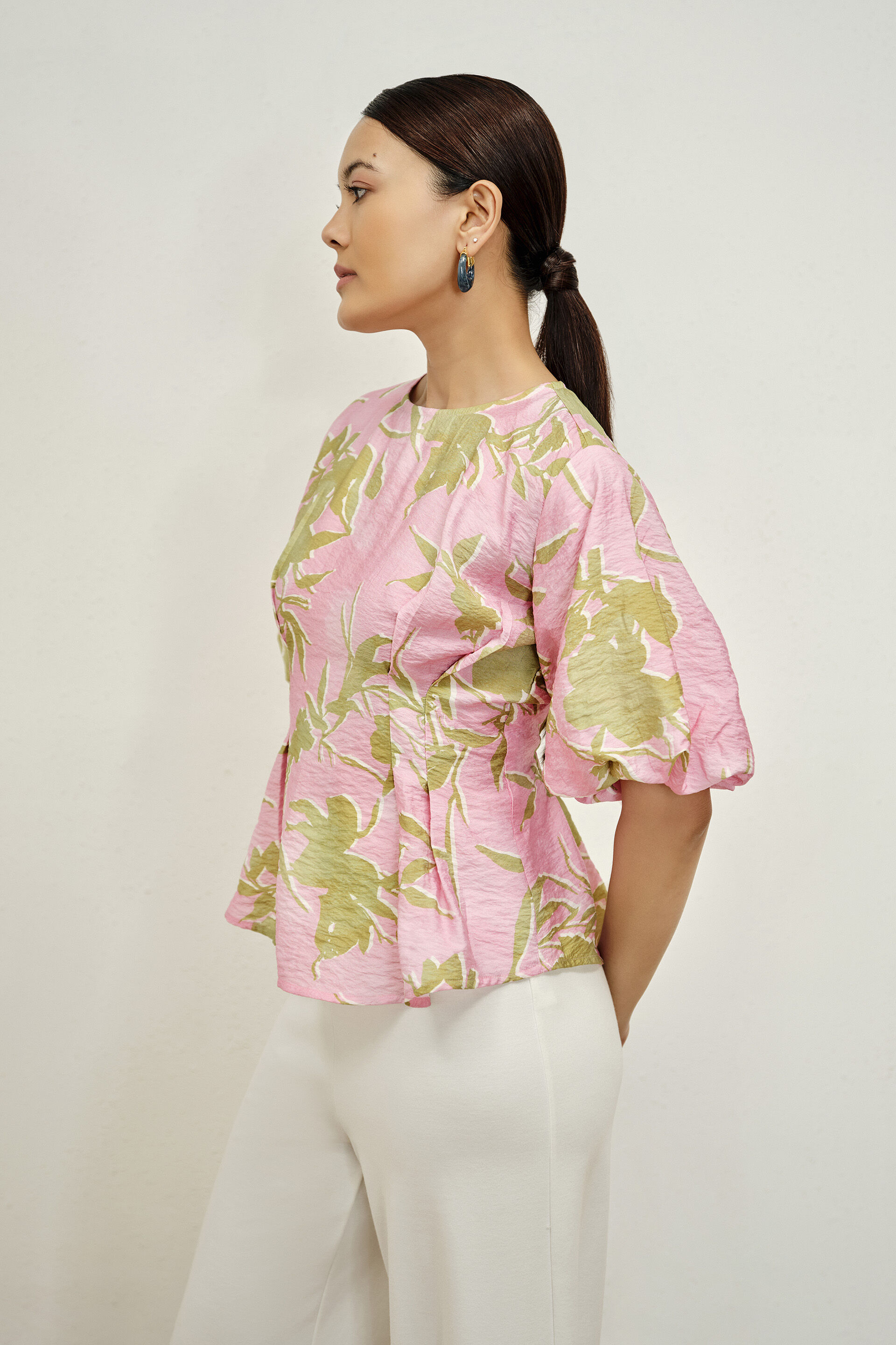 Bodycon Floral Smocked Cotton Top in Pink, Pink, image 3